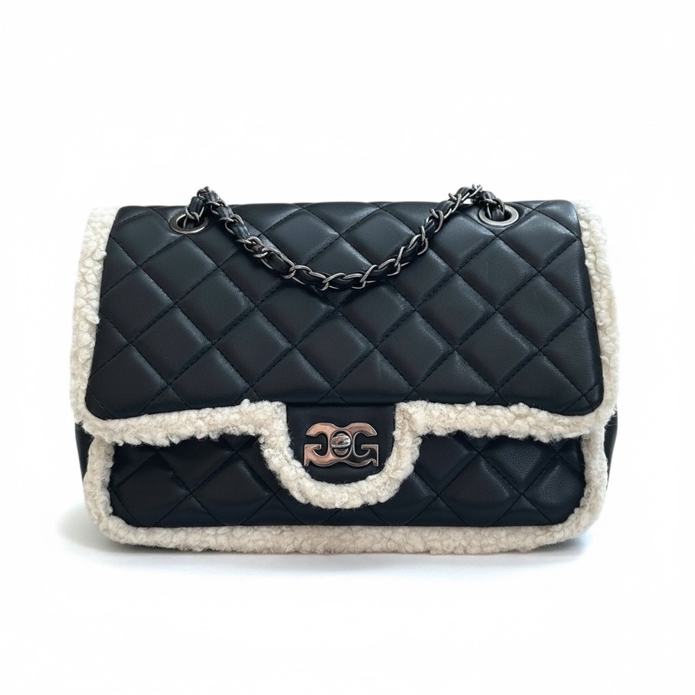 Gilda Paris Black Quilted Fur Baguette Faux Leather Shearling Trim‎ Shoulder Bag